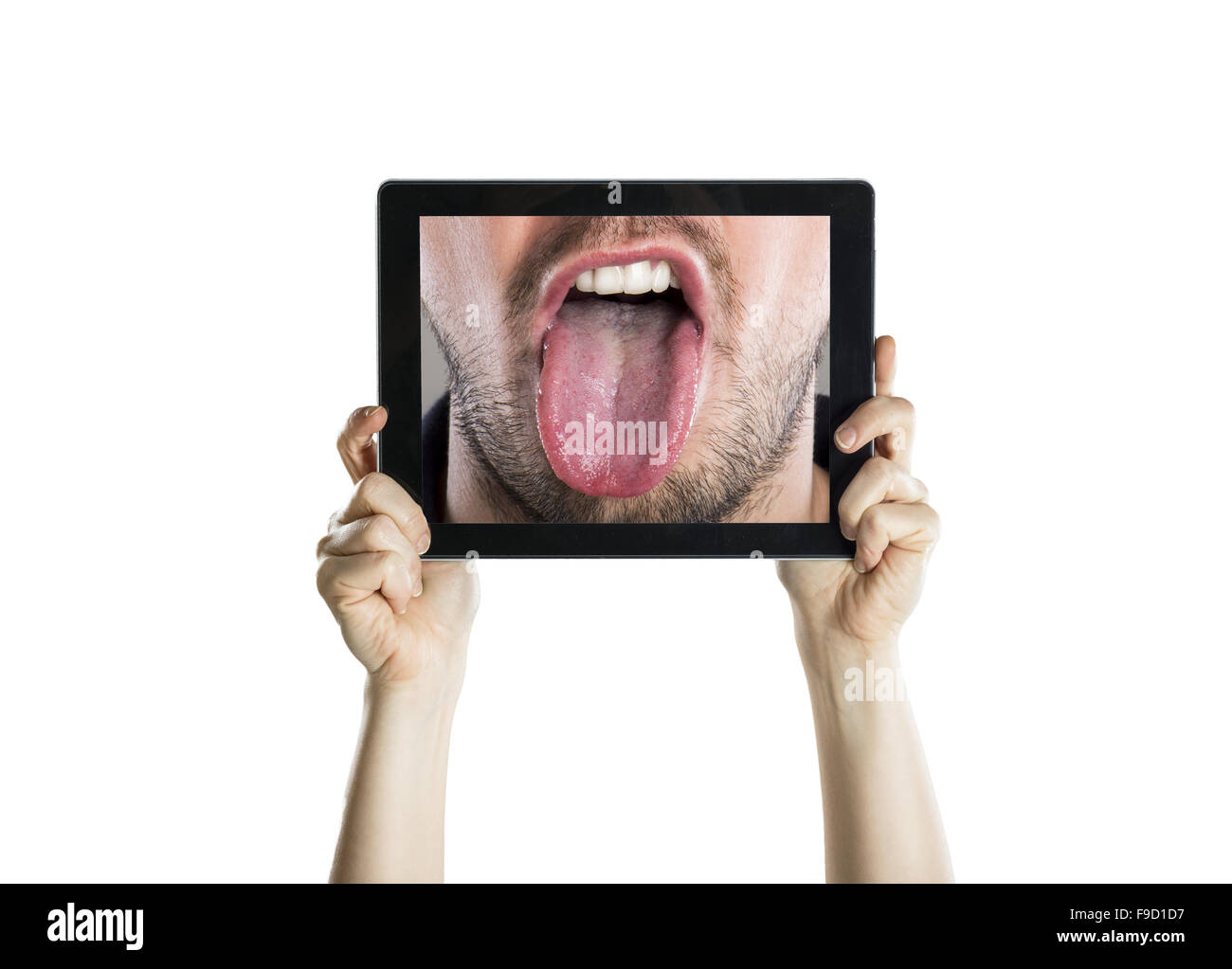 Dental closeup con schermo tablet, isolato su bianco Foto Stock