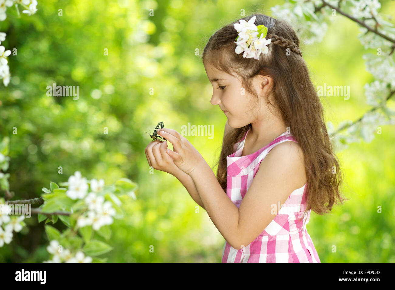 Bambina sta giocando con farfalla in natura Foto Stock