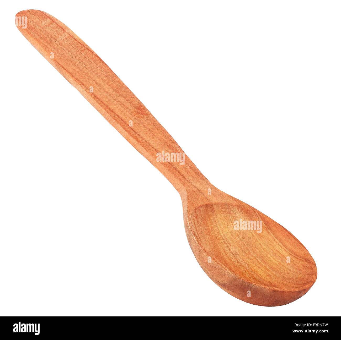 Unico cucchiaio di legno isolato su sfondo bianco Foto Stock