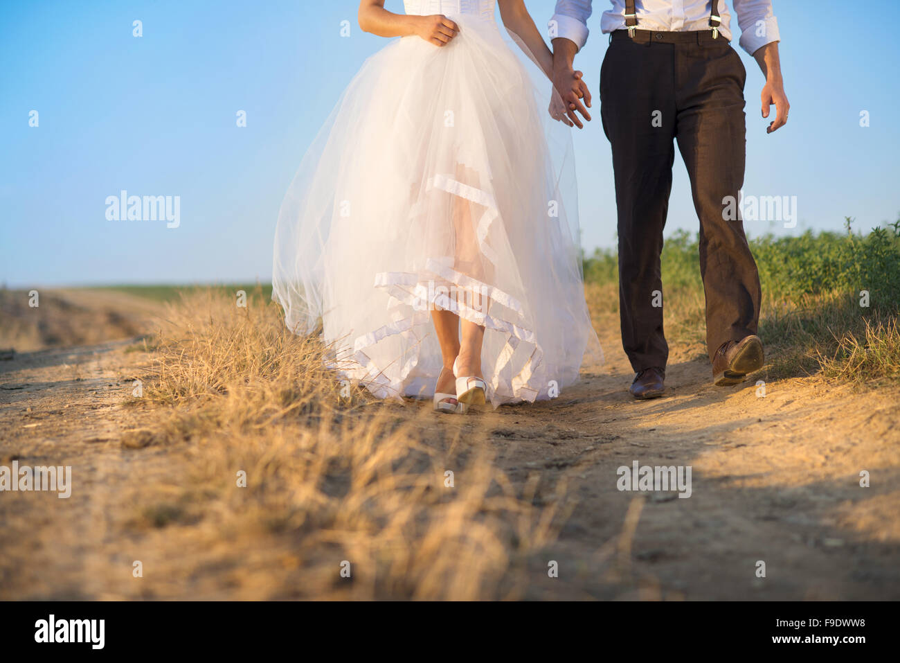 Sposa e lo sposo a piedi in estate la natura Foto Stock