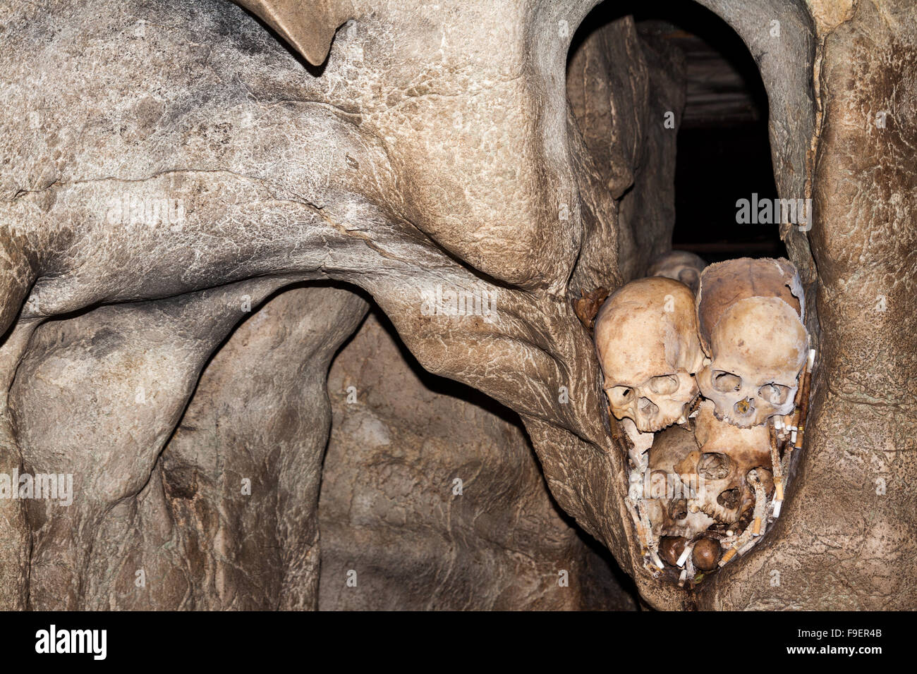 Teschi in grotta a Londa sito di sepoltura in Tana Toraja, Sulawesi, Indonesia. una macabra scena con teschi impaccati ermeticamente in una fessura. toraja cultura Foto Stock