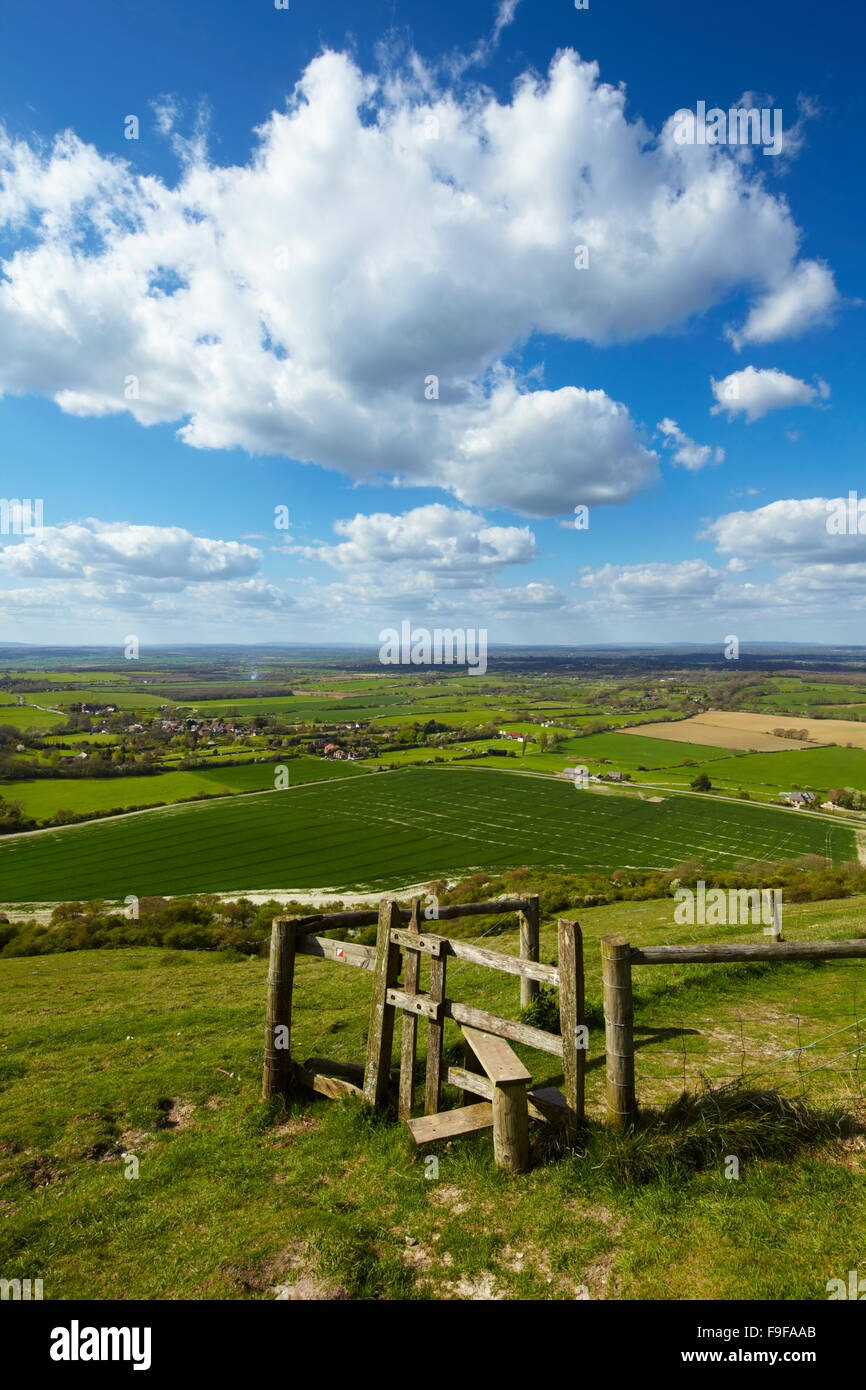 Vista su tutta la campagna del Sussex da Devil's Dyke, South Downs National Park. Foto Stock