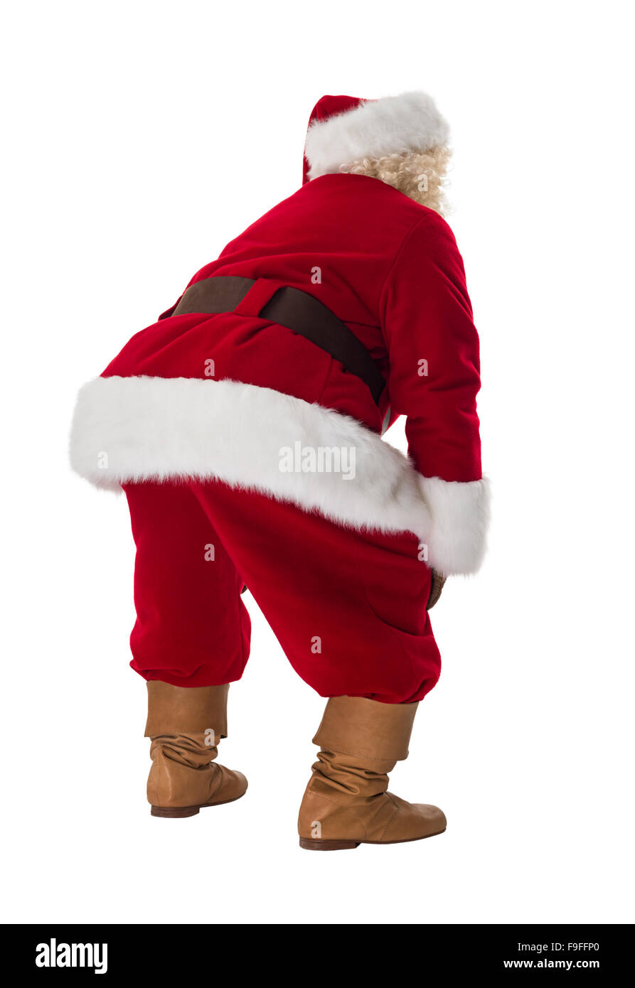 Babbo Natale in piedi stanchi. A piena lunghezza Ritratto isolato su sfondo bianco Foto Stock