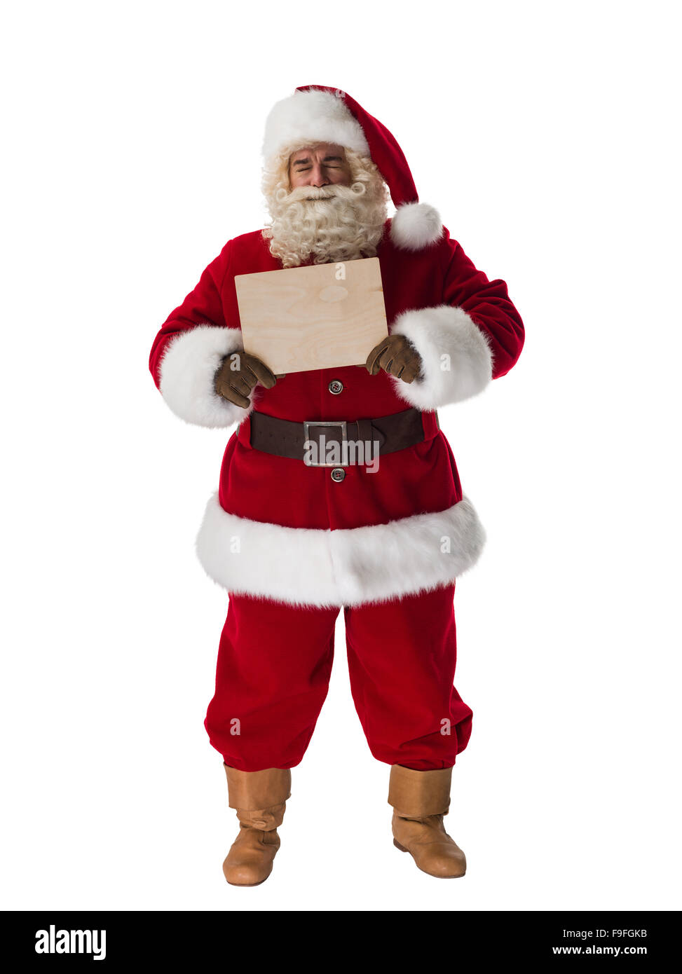 Santa Claus tenendo premuto segno di vuoto. A piena lunghezza Ritratto isolato su sfondo bianco Foto Stock