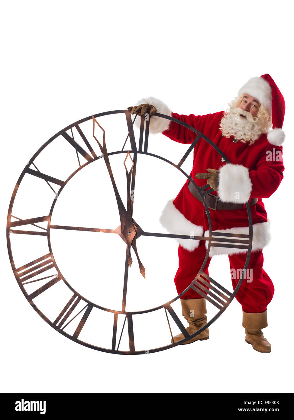 Babbo Natale con grandi orologi. A piena lunghezza Ritratto isolato su sfondo bianco Foto Stock
