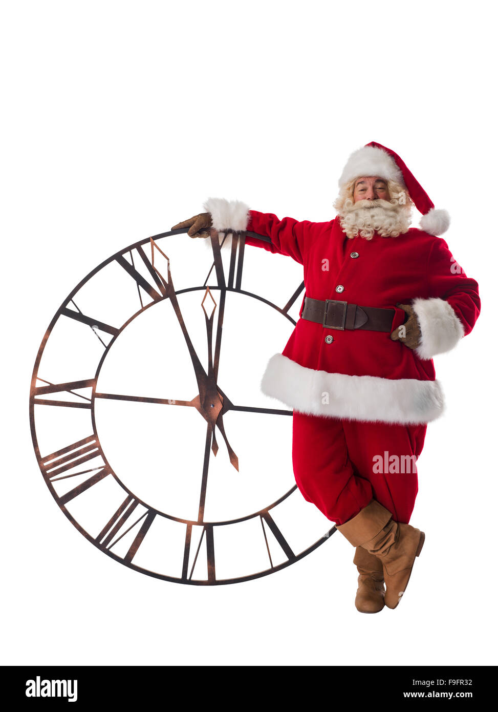Babbo Natale con grandi orologi. A piena lunghezza Ritratto isolato su sfondo bianco Foto Stock