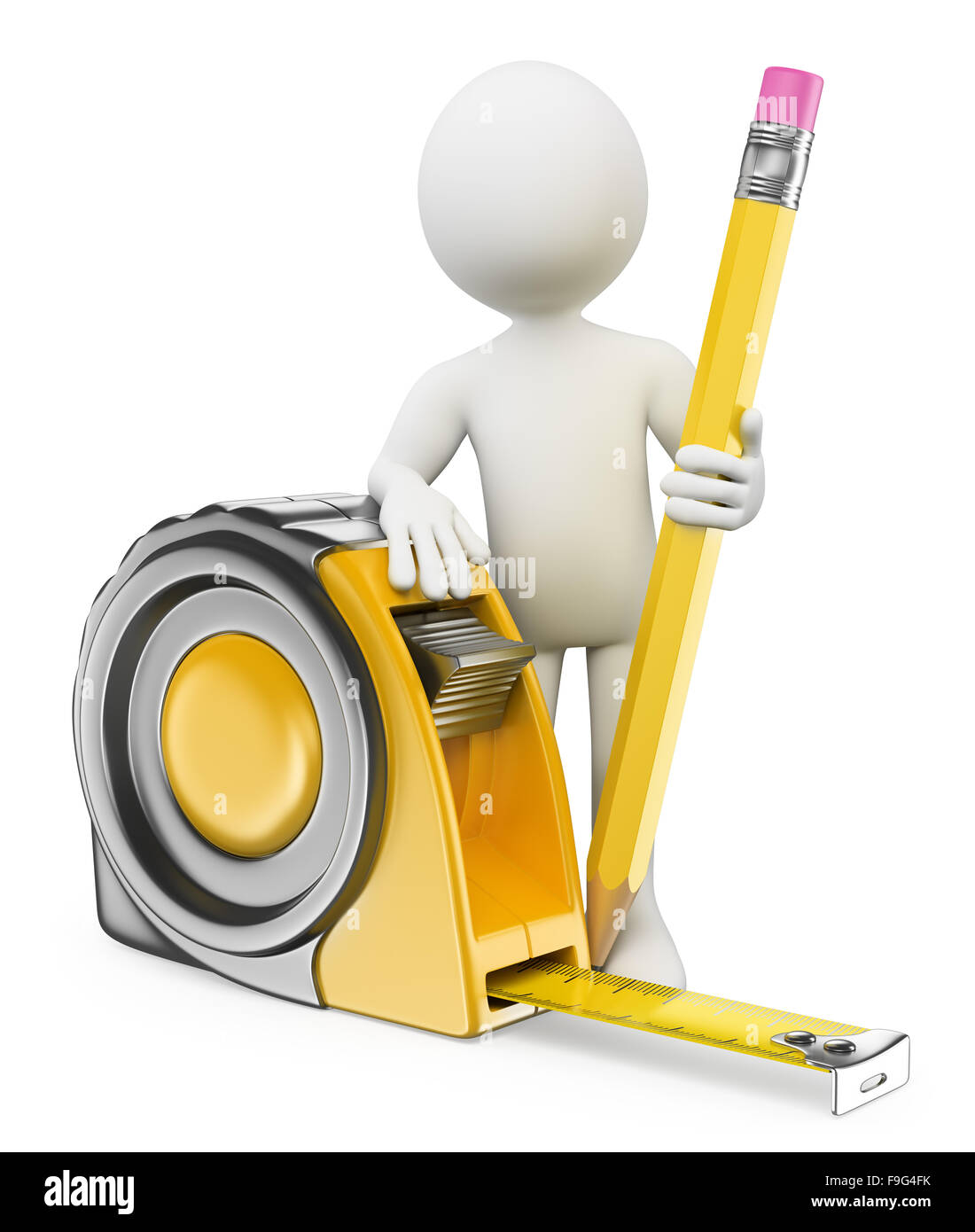 3d bianchi. architetto con metro a nastro e matita isolati a sfondo bianco. Foto Stock