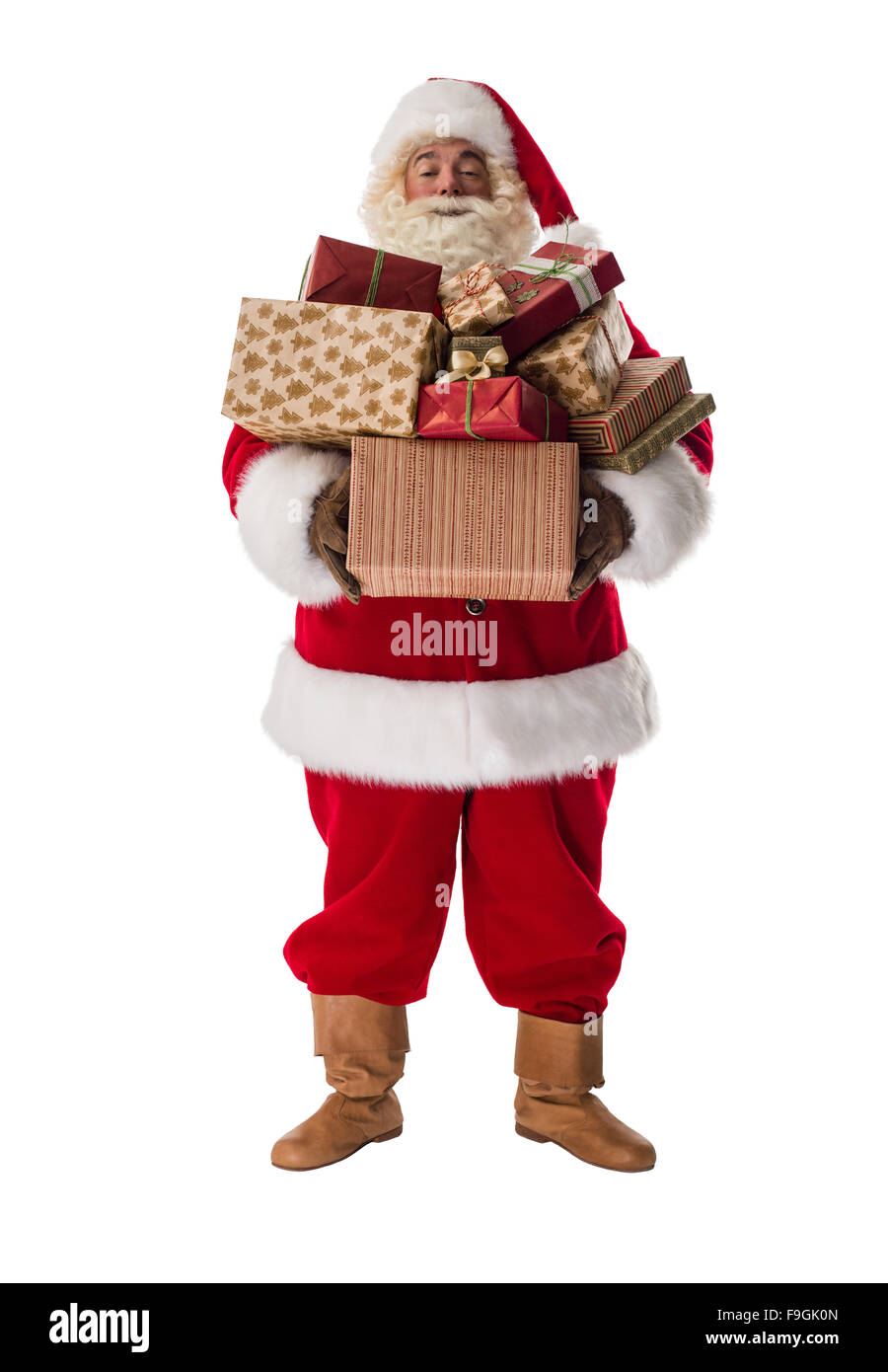 Santa Claus holding pila di scatole regalo ritratto completi Foto Stock