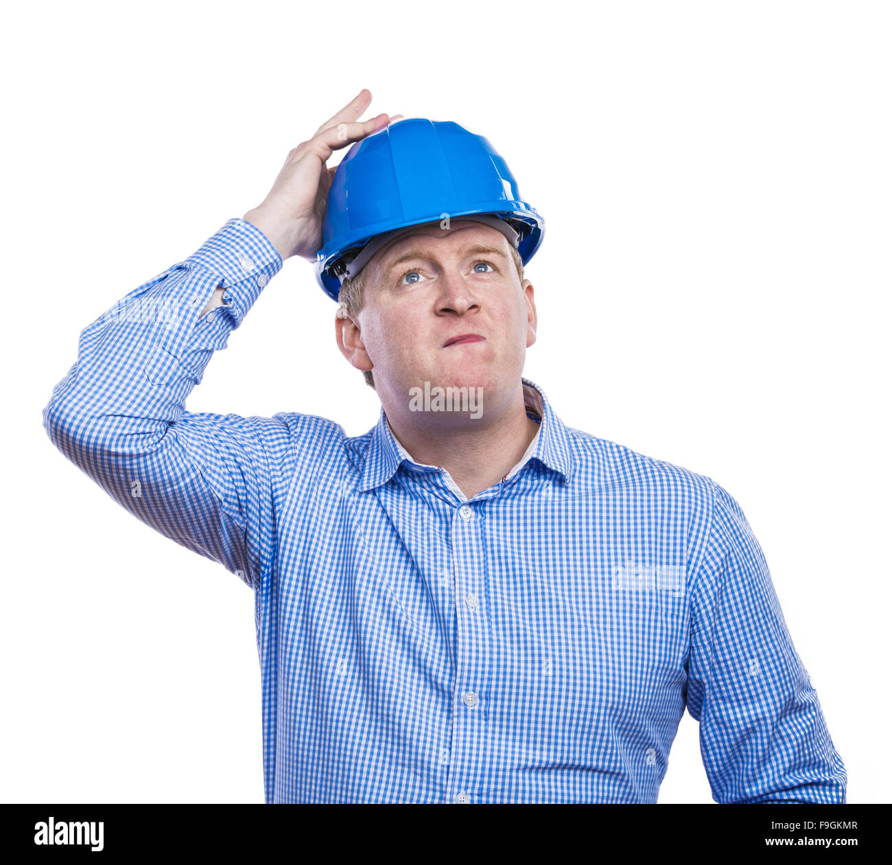 Ingegnere in blu del disco hat. Studio shot su sfondo bianco. Foto Stock