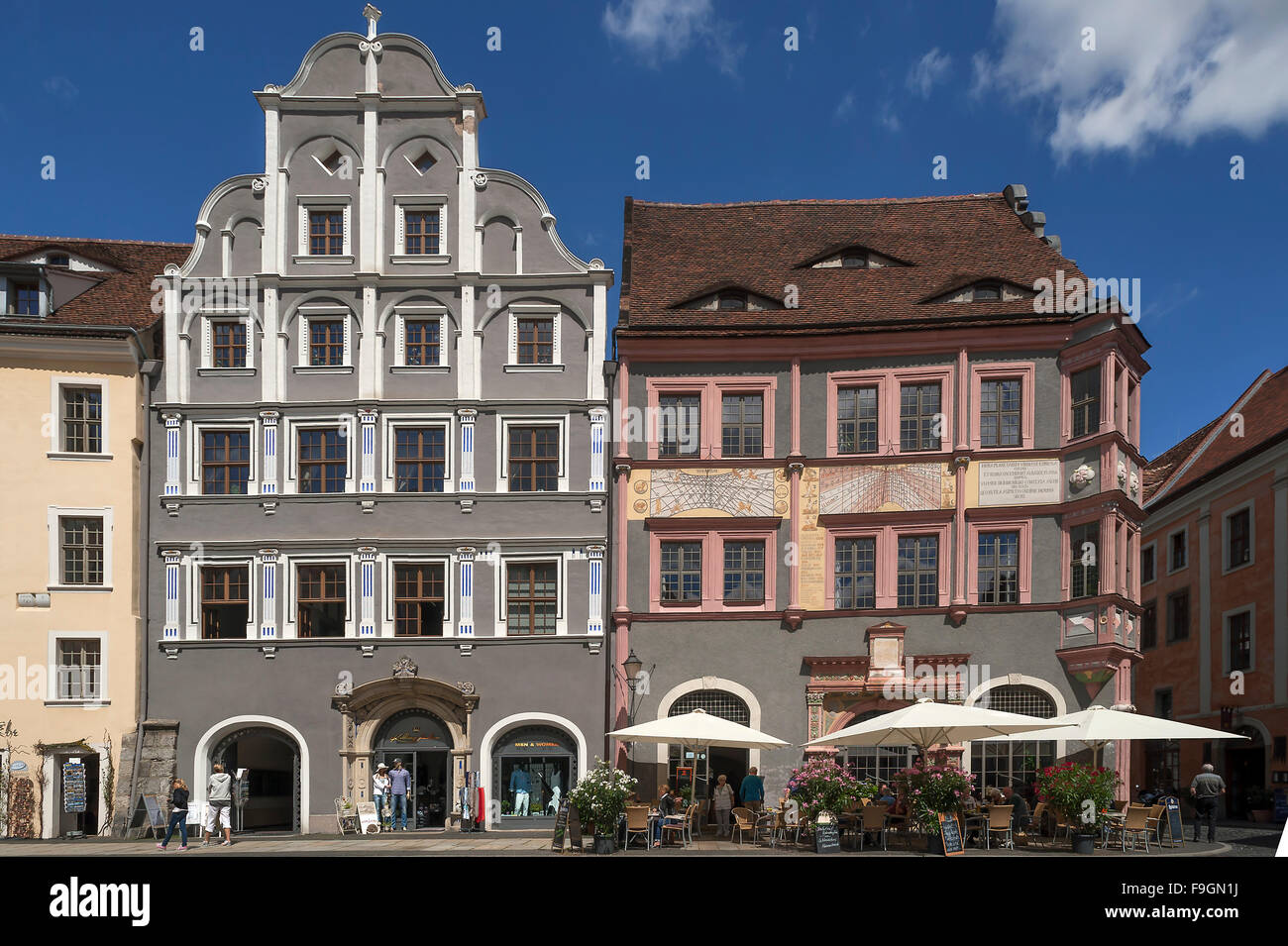 Città vecchia consiglio speziale, due meridiane, casa con whispering arch sinistra, Untermarkt, Görlitz, Alta Lusazia sassone, Germania Foto Stock