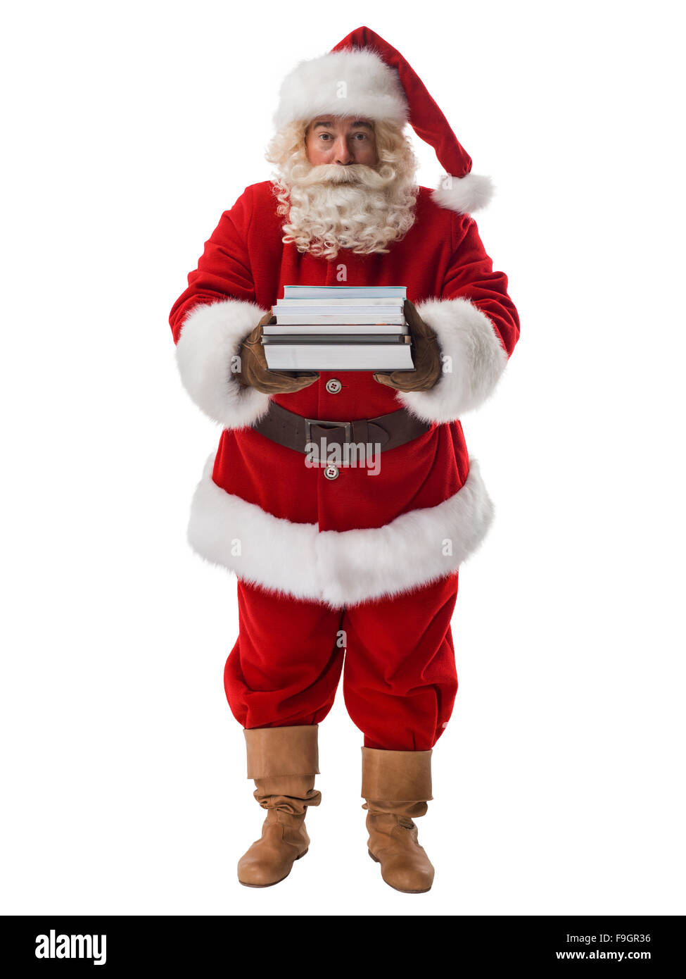 Santa Claus holding pila di libri completi ritratto Foto Stock