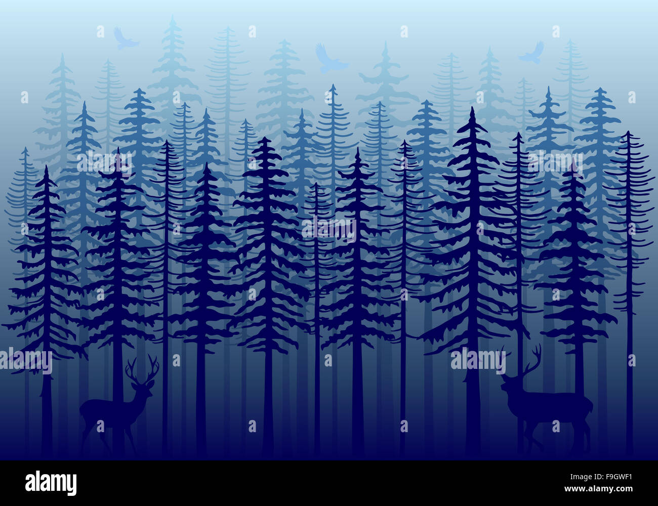 Inverno blu con la foresta di abeti, cervi e uccelli in volo, illustrazione vettoriale Foto Stock