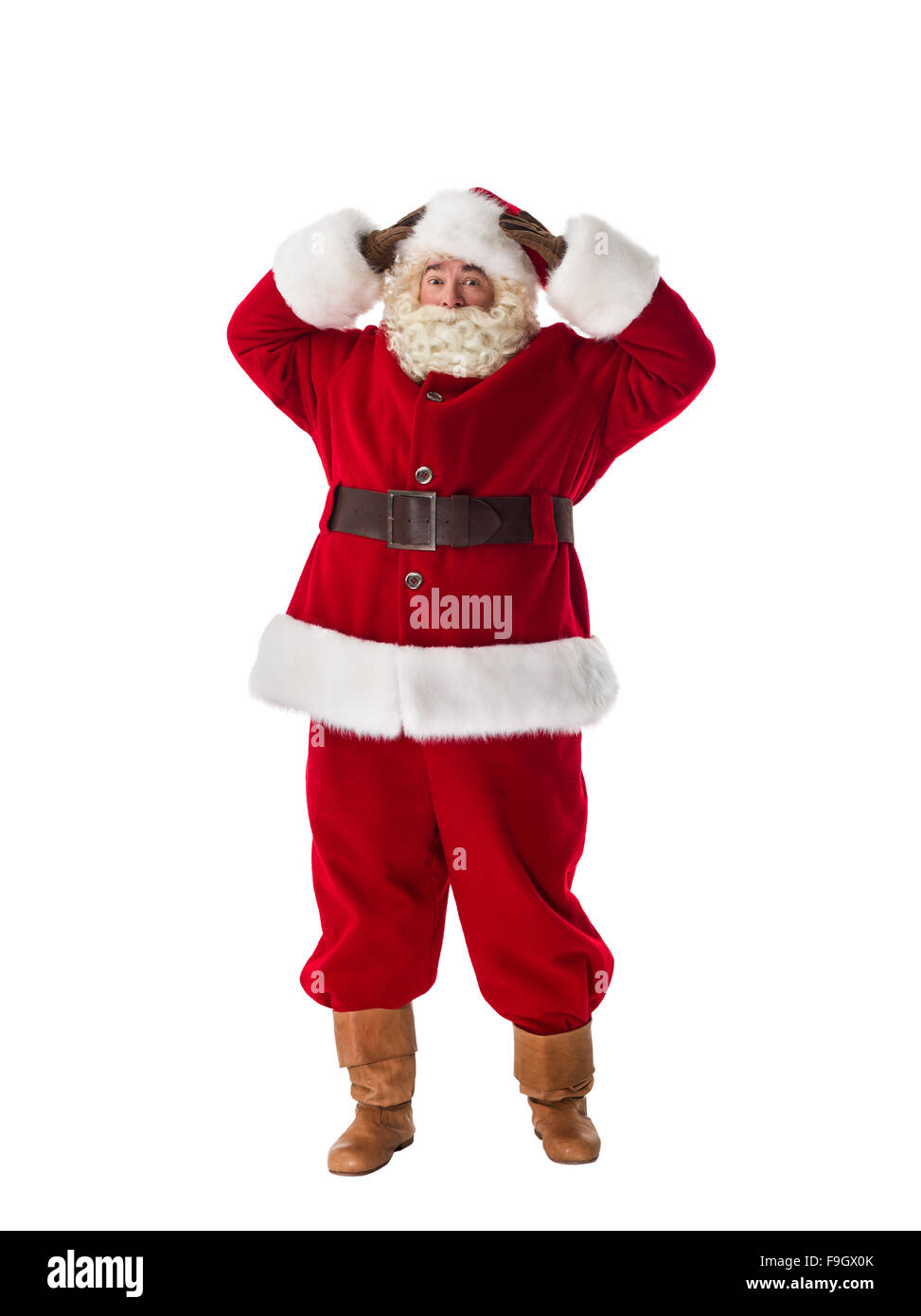 Santa Claus sconvolto a piena lunghezza verticale. Isolato su sfondo bianco Foto Stock