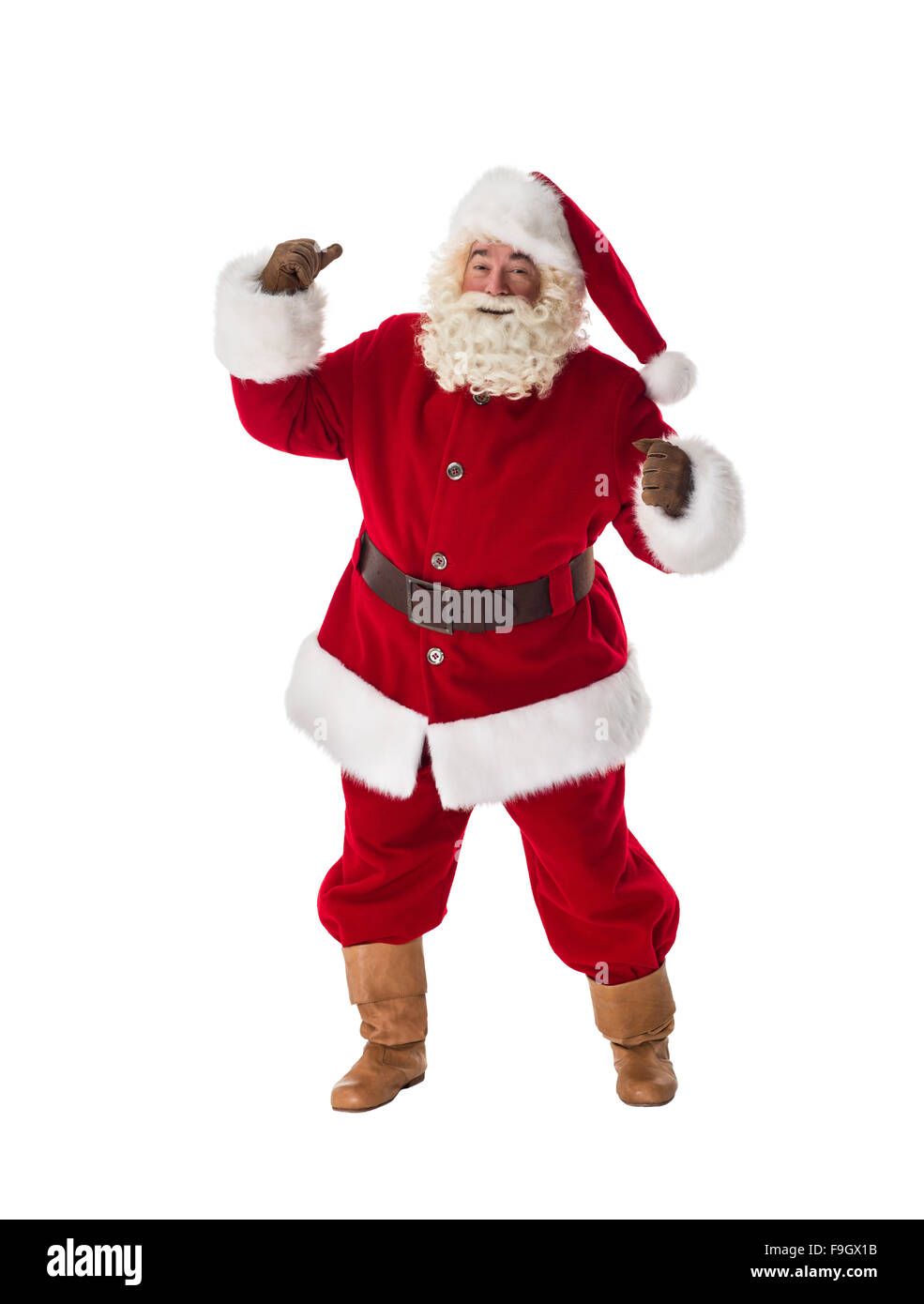 Santa Claus dancing a piena lunghezza verticale. Isolato su sfondo bianco Foto Stock