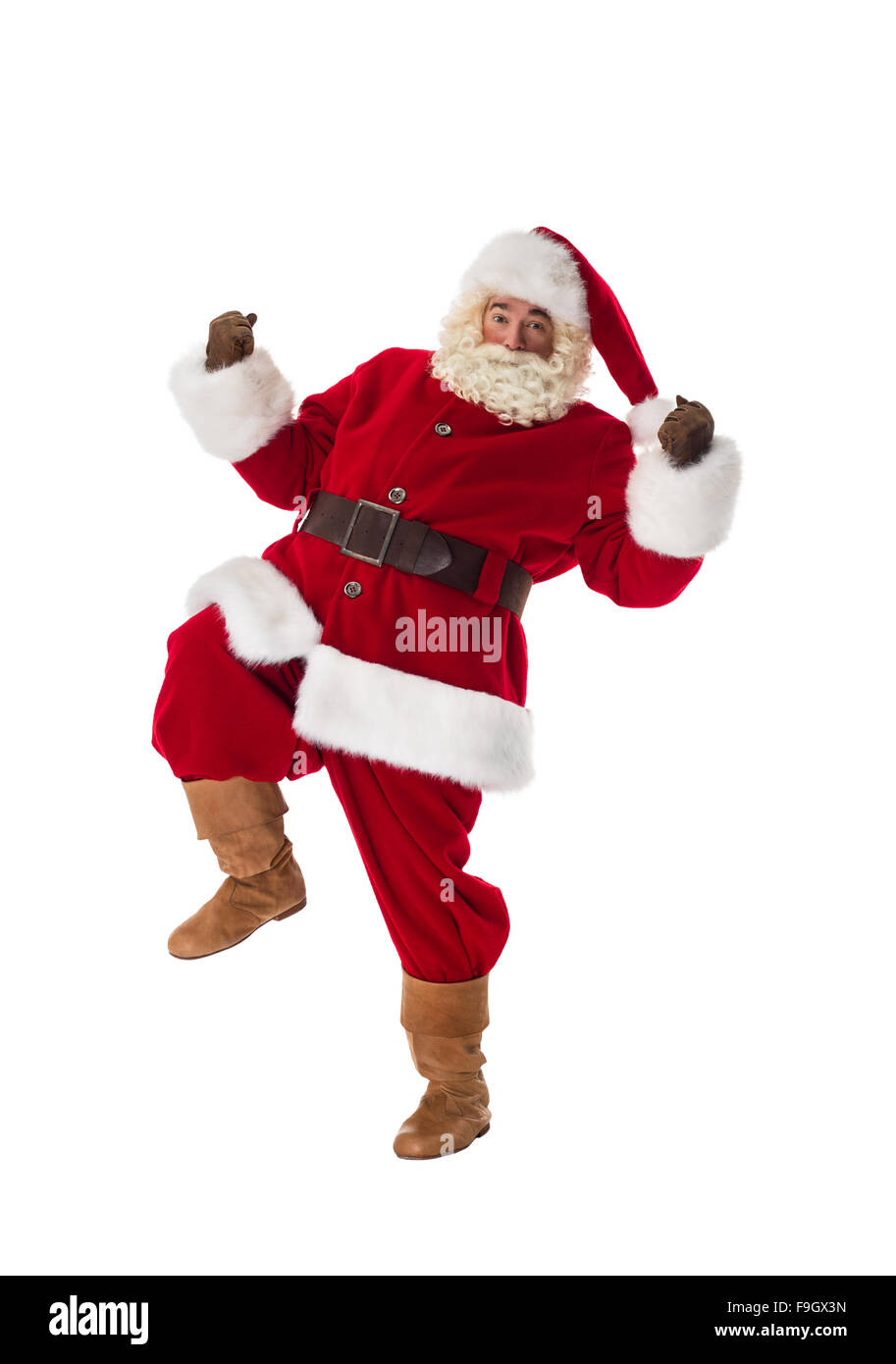 Santa Claus dancing a piena lunghezza verticale. Isolato su sfondo bianco Foto Stock