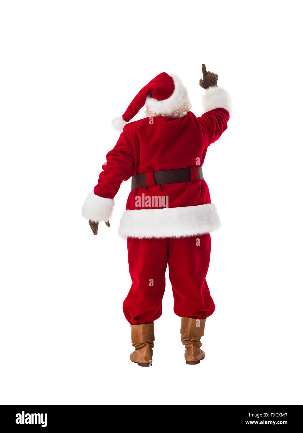 Santa Claus premendo il tasto virtuale a piena lunghezza verticale. Isolato su sfondo bianco Foto Stock