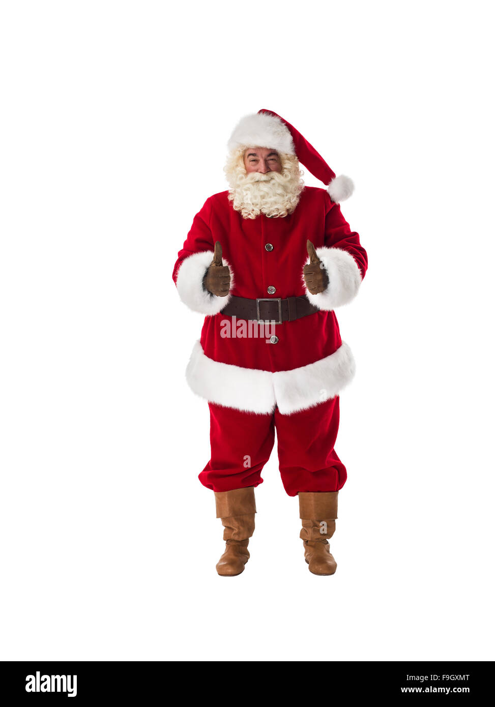 Santa Claus pollice fino a piena lunghezza verticale. Isolato su sfondo bianco Foto Stock