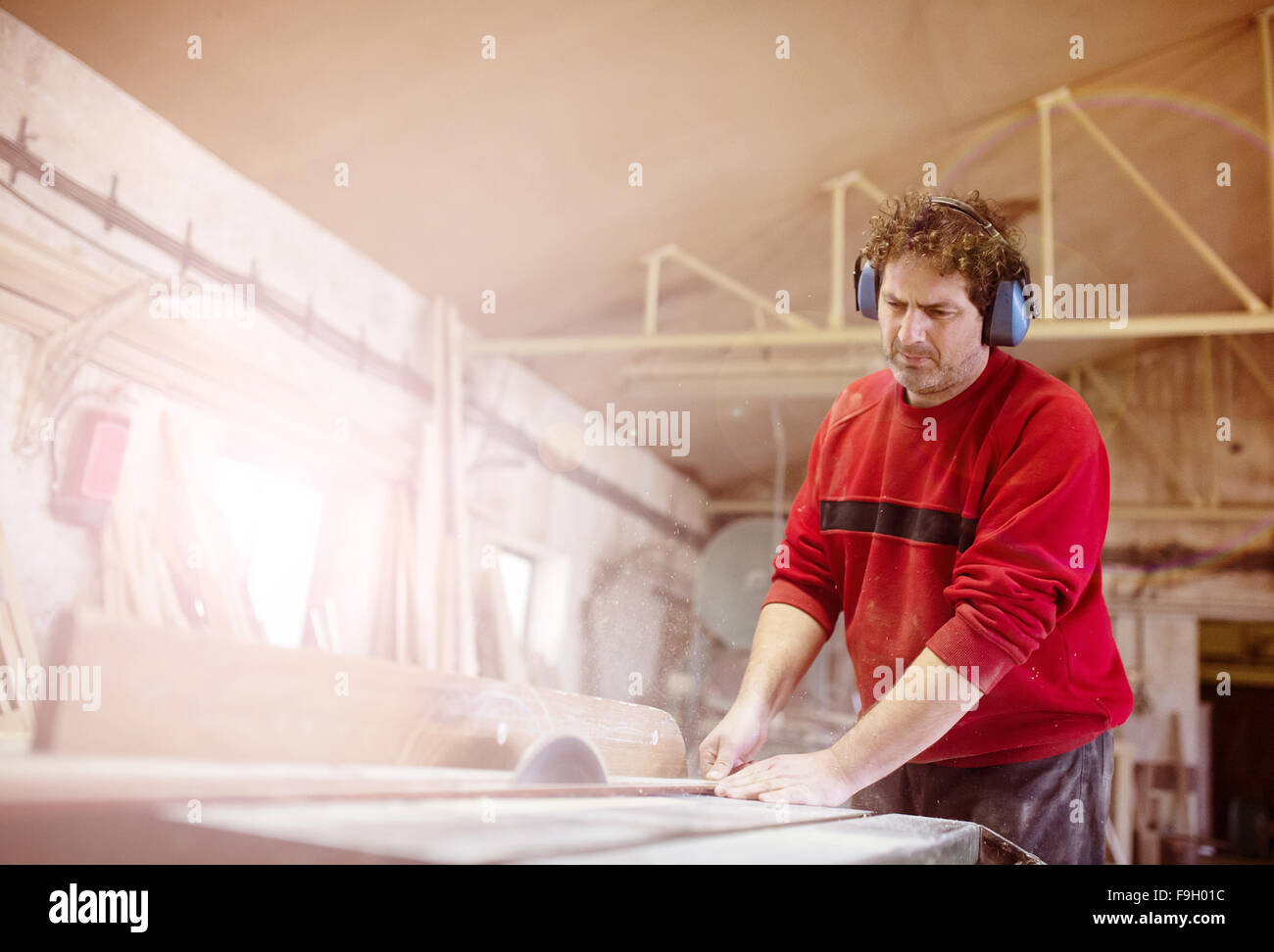 Carpenter il taglio di tavole di legno con sega da tavolo Foto Stock