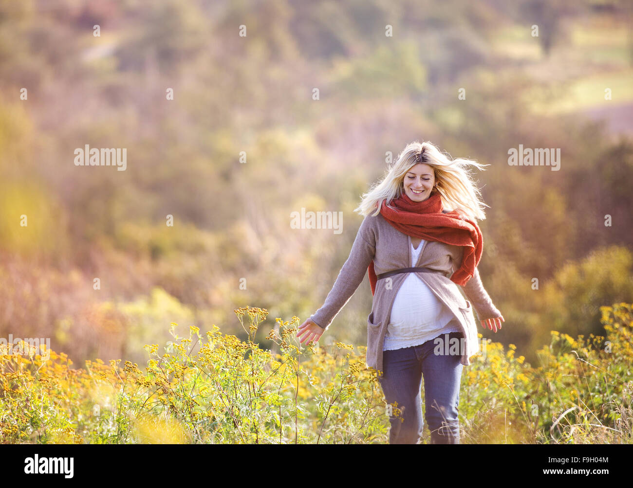 Ritratto di bella donna incinta in un campo Foto Stock