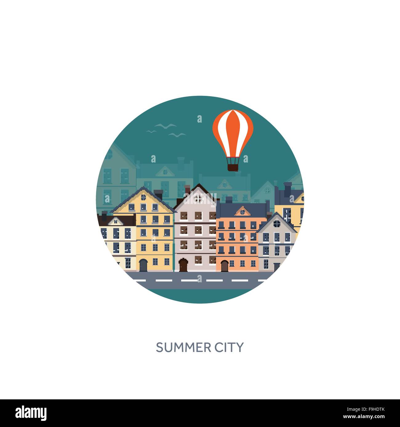 Illustrazione Vettoriale. Silhouette della città. Paesaggio urbano. Lo skyline della città. Panorama. Midtown case. L'estate. Illustrazione Vettoriale