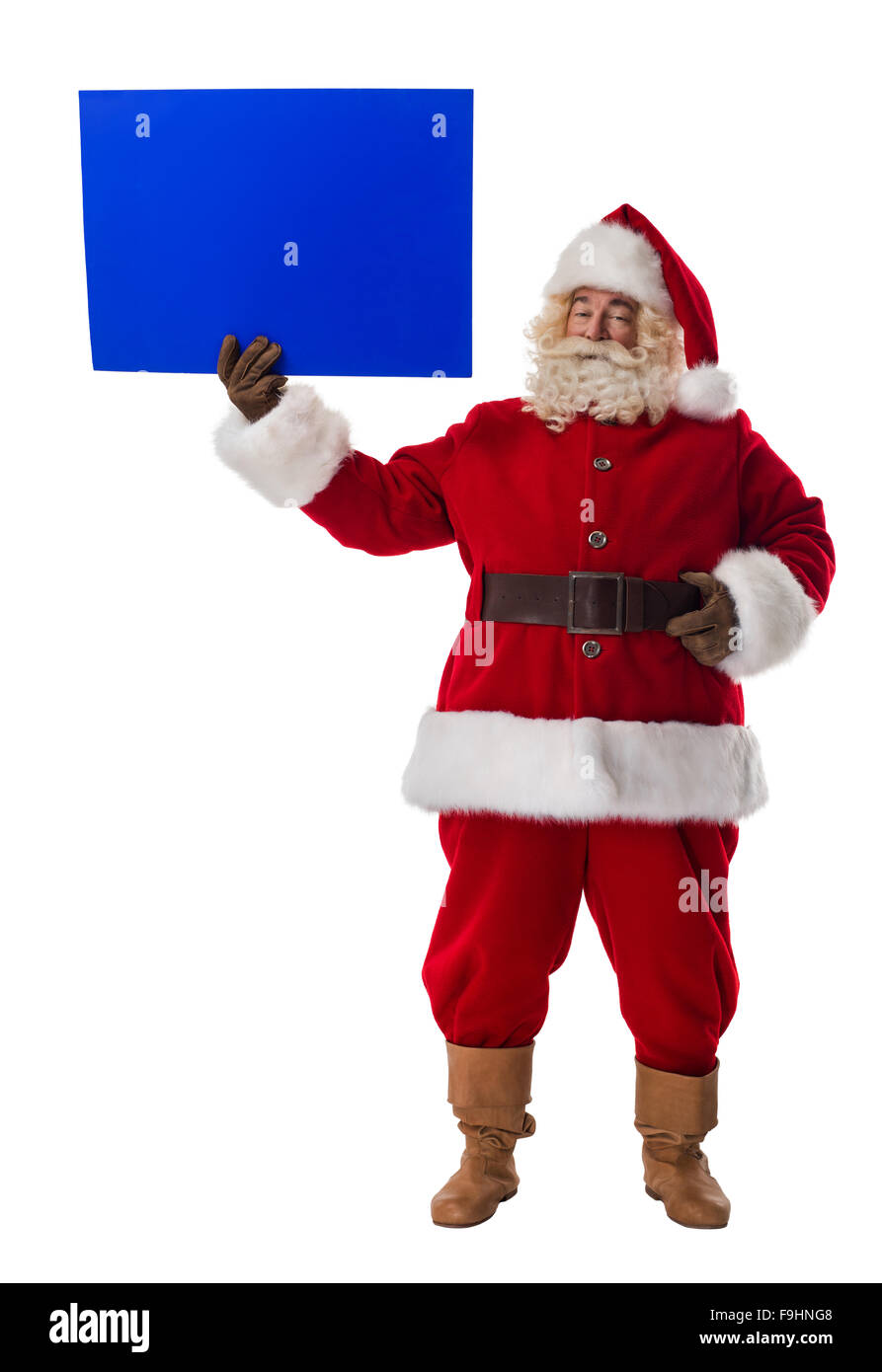 Santa Claus azienda blu segno bianco a piena lunghezza verticale. Isolato su sfondo bianco Foto Stock