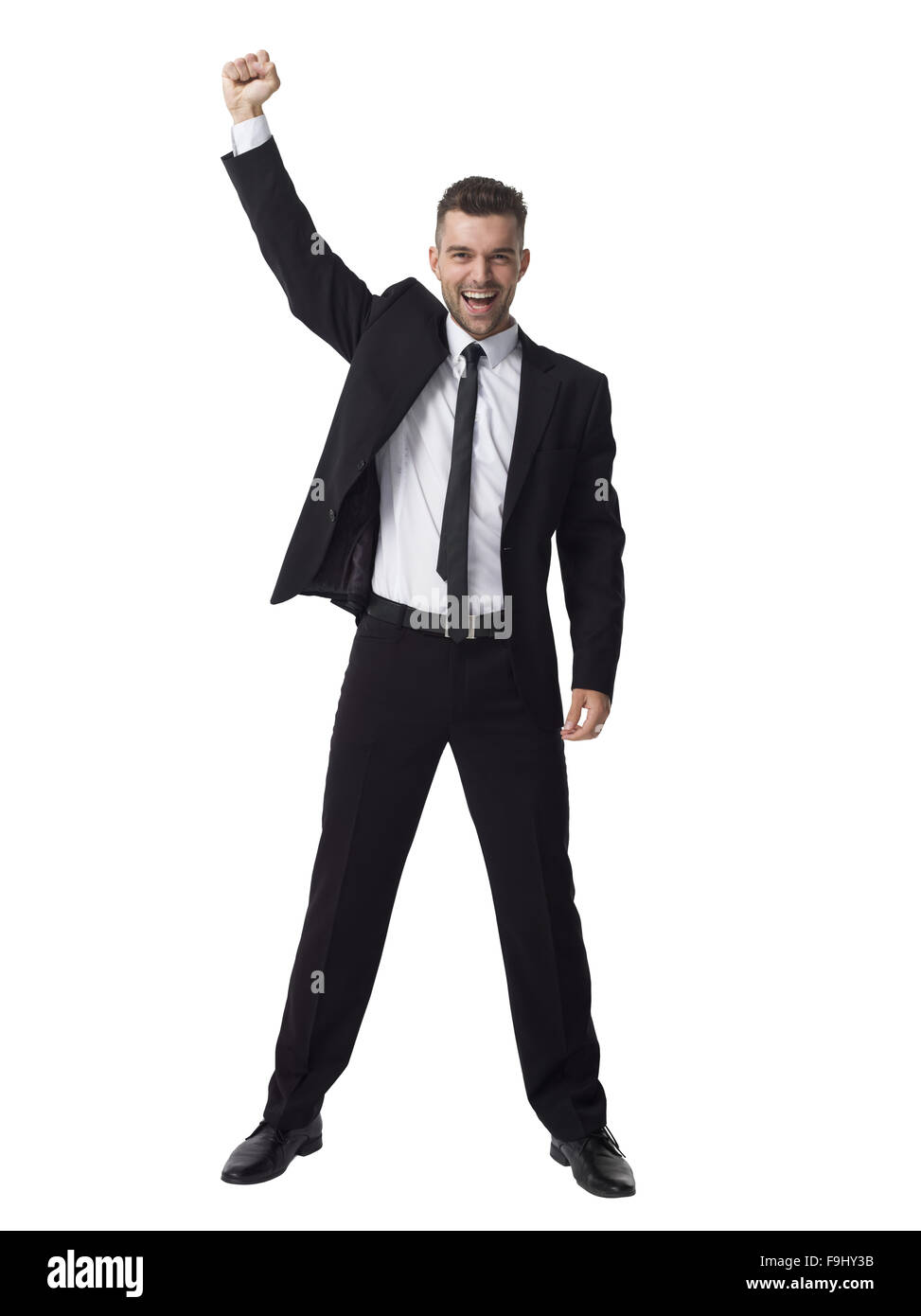 Imprenditore per celebrare il successo a piena lunghezza Ritratto isolato su sfondo bianco Foto Stock