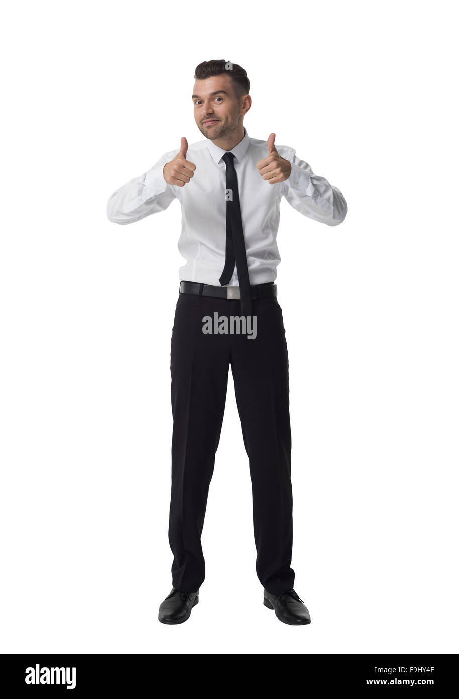Imprenditore pollice fino a piena lunghezza Ritratto isolato su sfondo bianco Foto Stock