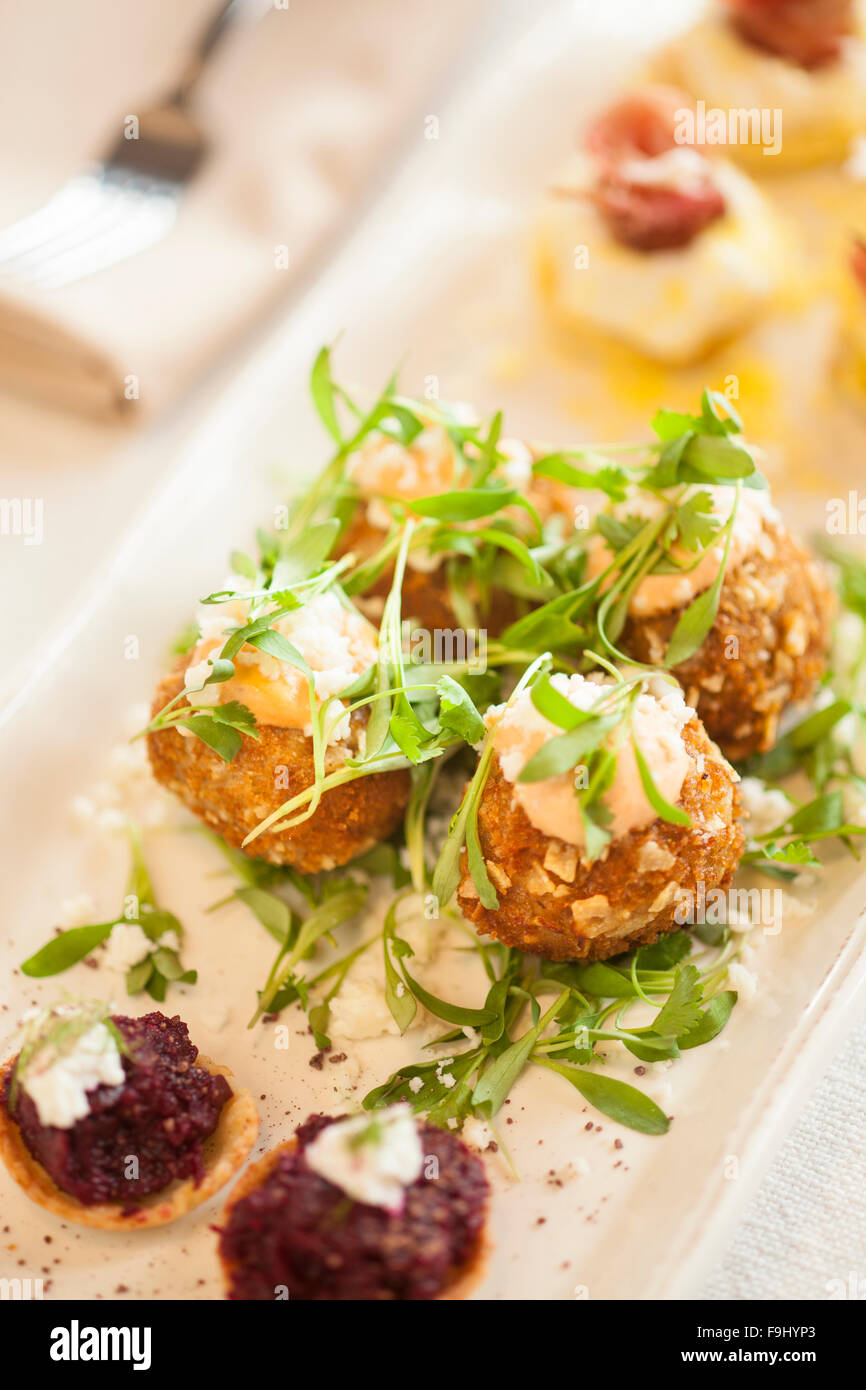 Lo chef della targa antipasto campionatore di eggamuffin, barbabietole crostate di parmigiano nel guscio di pasta e ranchero scotch uova, Barbareno Ristorante Foto Stock