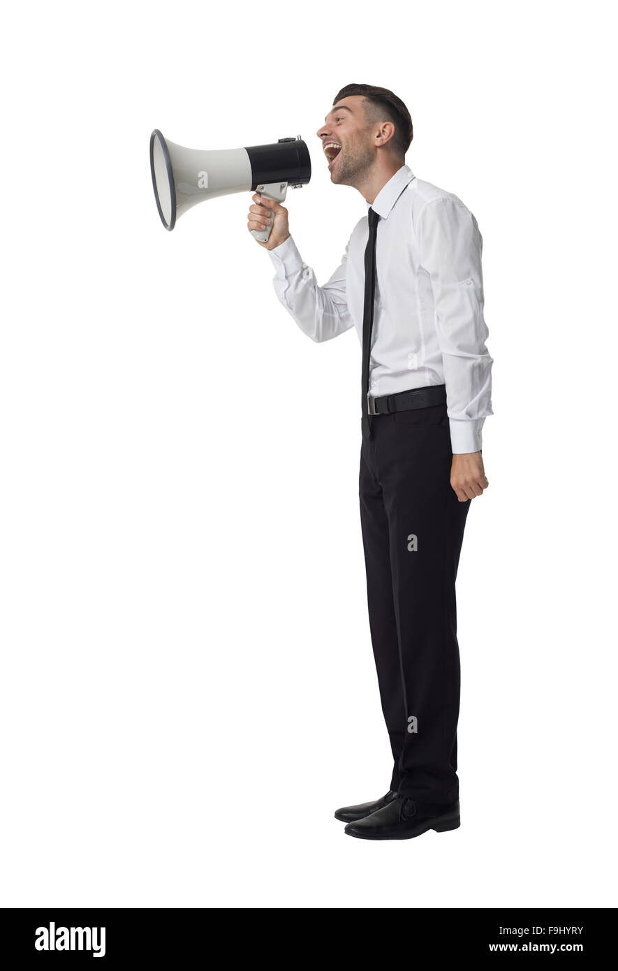 Imprenditore parlando al megafono a piena lunghezza Ritratto isolato su sfondo bianco Foto Stock