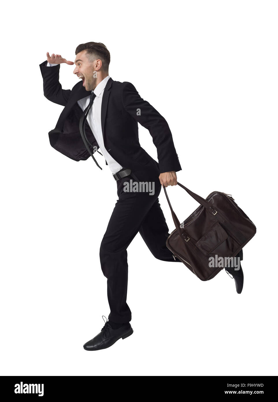 Imprenditore in esecuzione con la sua borsa piena lunghezza Ritratto isolato su sfondo bianco Foto Stock