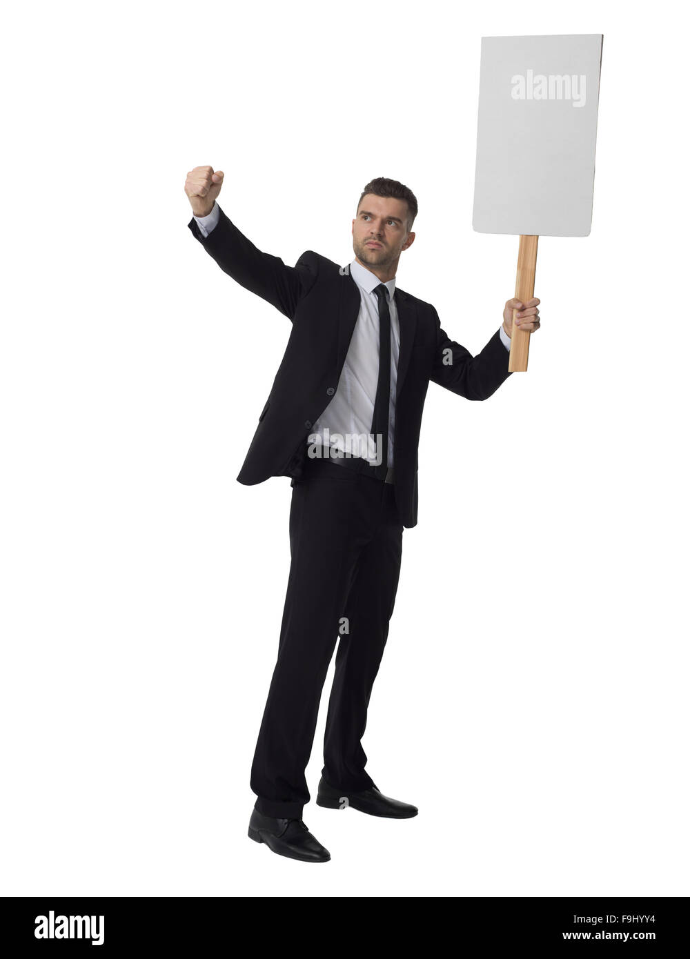 Imprenditore azienda bianco segno bianco a piena lunghezza Ritratto isolato su sfondo bianco Foto Stock