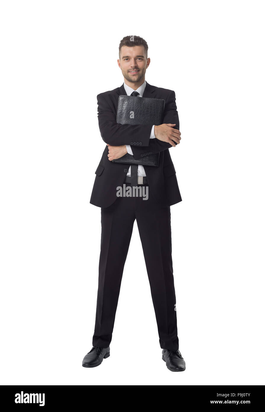 Imprenditore azienda cartella piena lunghezza Ritratto isolato su sfondo bianco Foto Stock