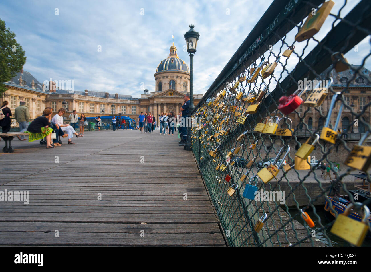 Bloccato lucchetti per lettiera la lunghezza della recinzione al Pont des Arts ponte sopra il fiume Senna Foto Stock