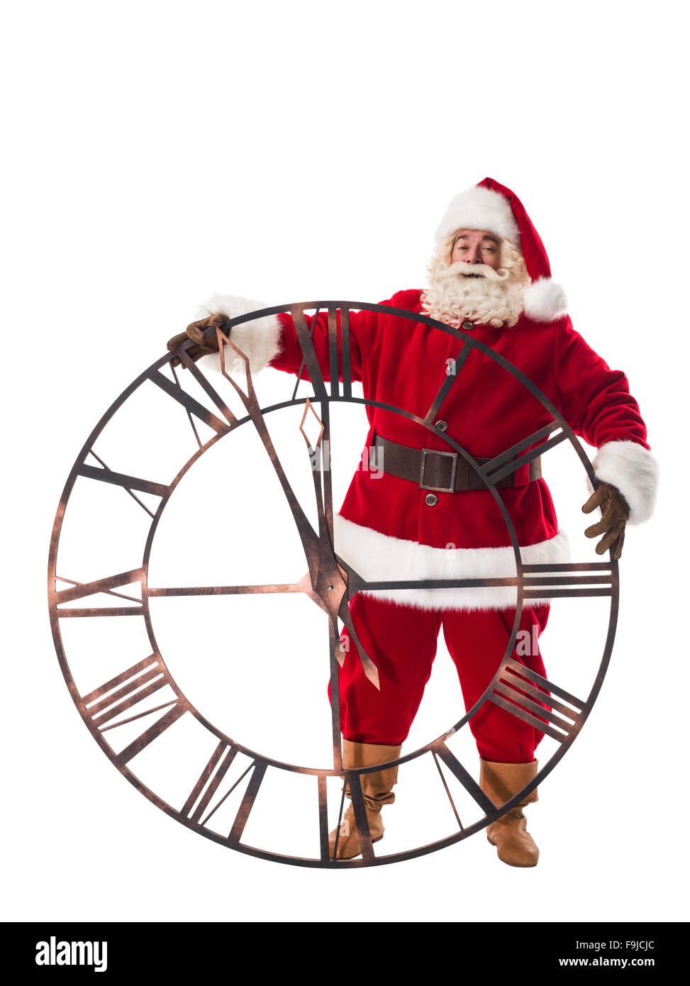 Santa Claus in posa con grandi orologi a piena lunghezza Ritratto isolato su sfondo bianco Foto Stock