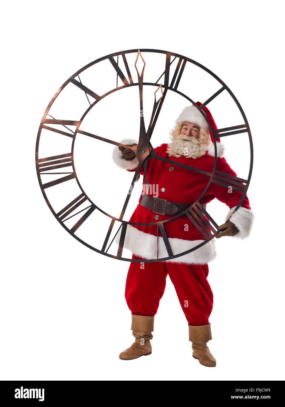 Santa Claus in posa con grandi orologi a piena lunghezza Ritratto isolato su sfondo bianco Foto Stock