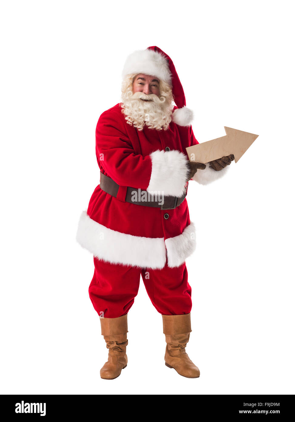 Santa Claus tenendo una freccia piena lunghezza Ritratto isolato su sfondo bianco Foto Stock