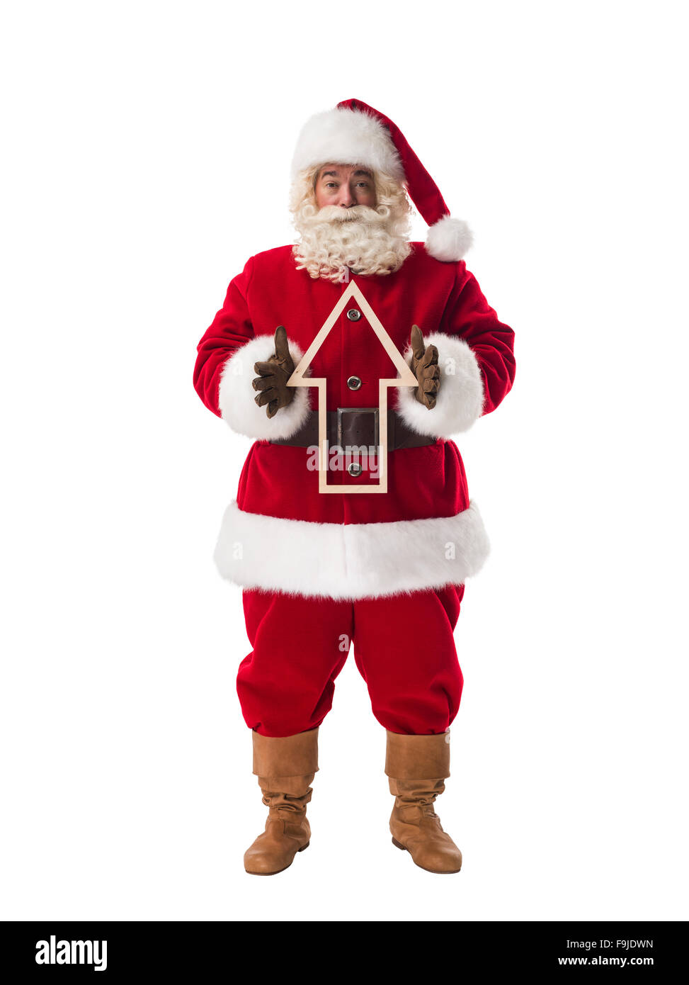 Santa Claus tenendo una freccia piena lunghezza Ritratto isolato su sfondo bianco Foto Stock