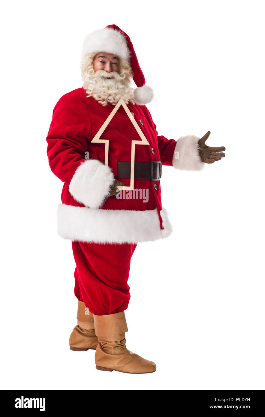 Santa Claus tenendo una freccia piena lunghezza Ritratto isolato su sfondo bianco Foto Stock