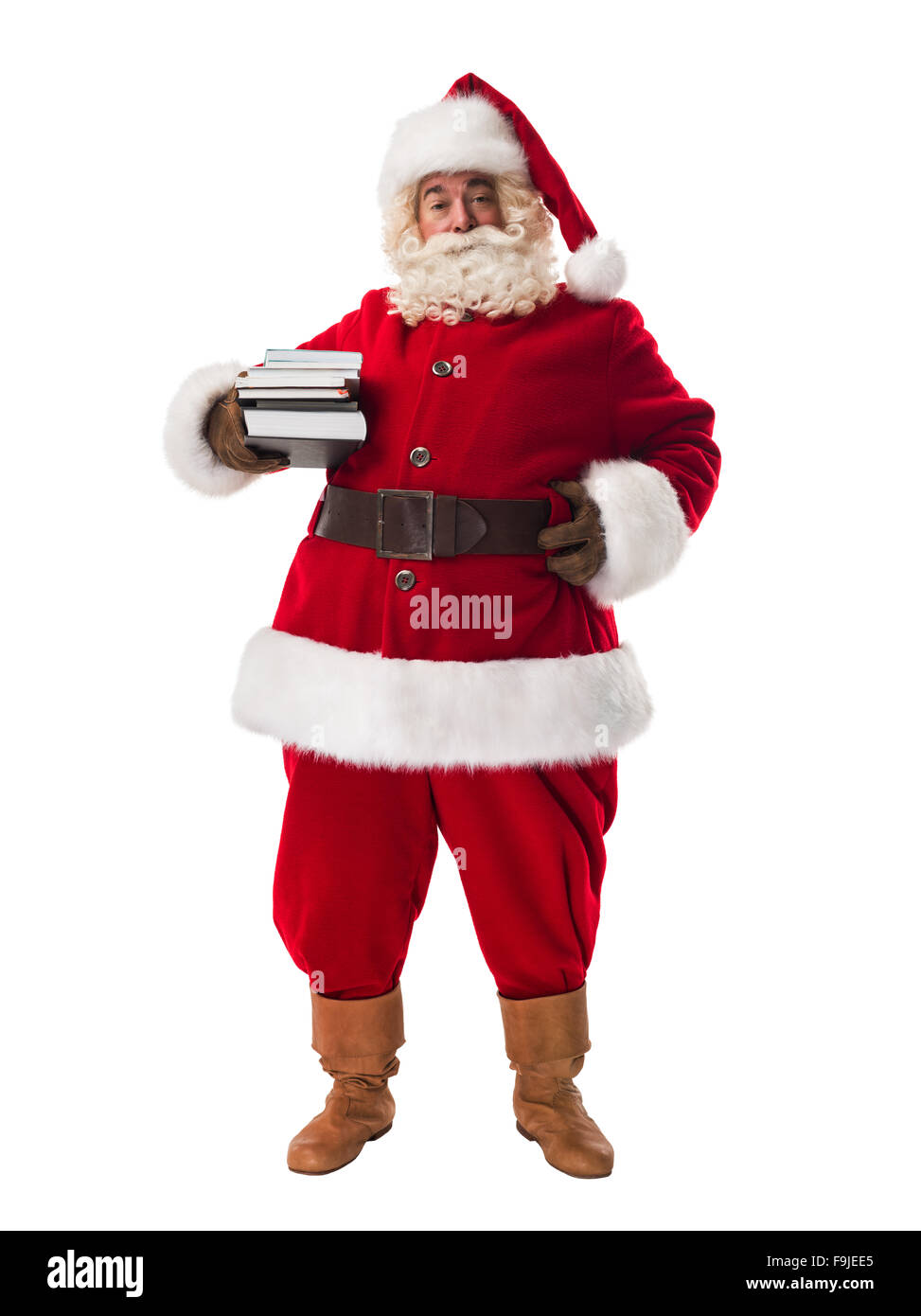 Santa Claus holding pila di libri a piena lunghezza Ritratto isolato su sfondo bianco Foto Stock