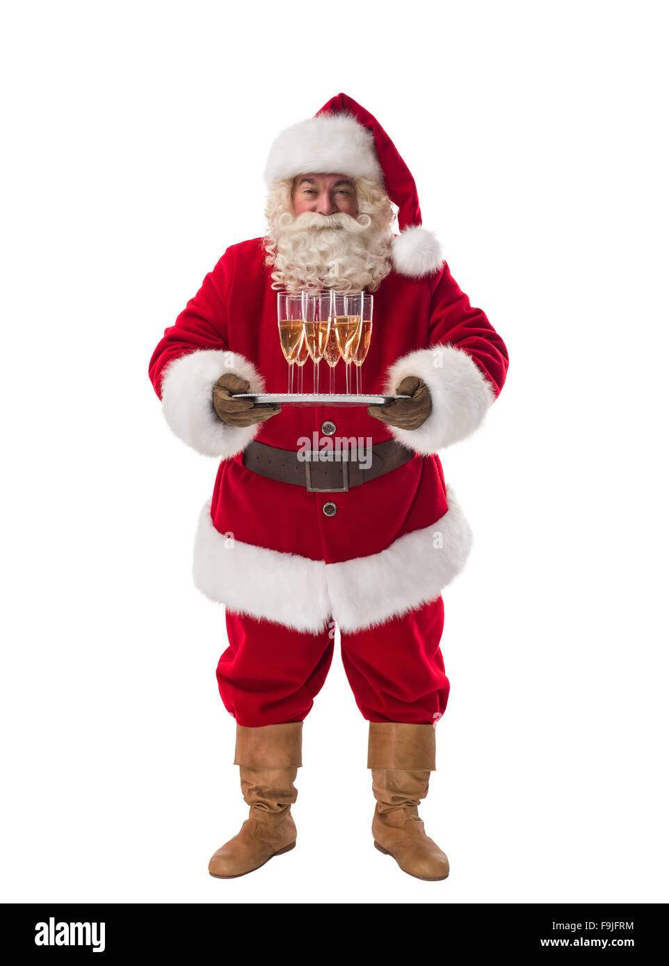 Santa Claus holding champagne sul vassoio a piena lunghezza Ritratto isolato su sfondo bianco Foto Stock