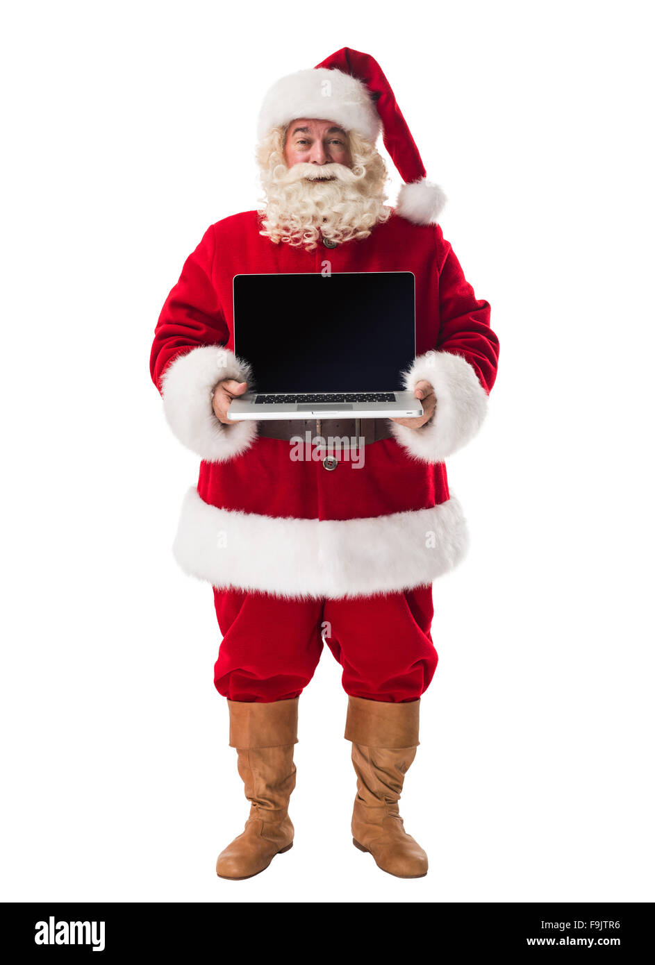 Santa Claus holding laptop a piena lunghezza Ritratto isolato su sfondo bianco Foto Stock