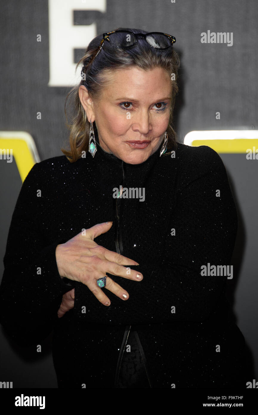 Carrie Fisher presso la "Star Wars: La forza risveglia ' premiere a Londra Foto Stock