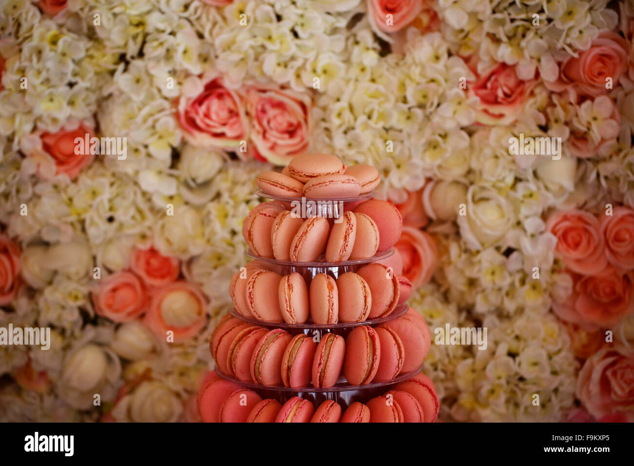 Deliziosi amaretti allo stand accanto alla parete piena di rose Foto Stock