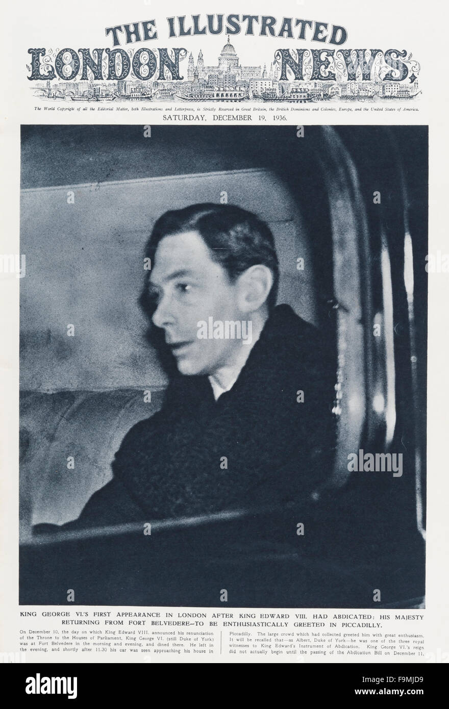Dicembre 1936. Coperchio del Illustrated London News magazine che mostra la prima apparizione in pubblico del re George VI dopo l'abdicazione di suo fratello, King Edward VIII Foto Stock