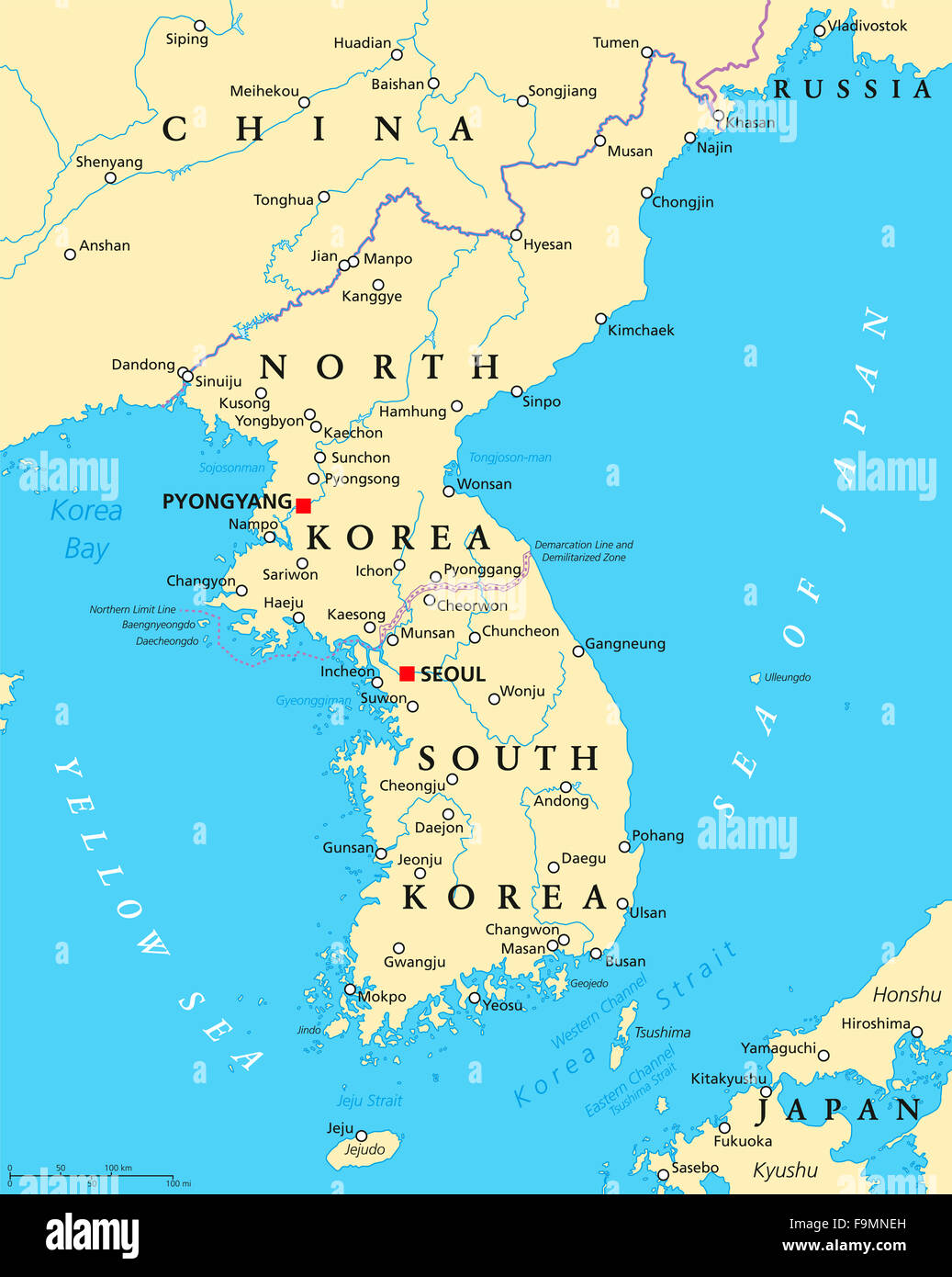 Penisola coreana mappa politica con la Corea del Nord e la Corea del