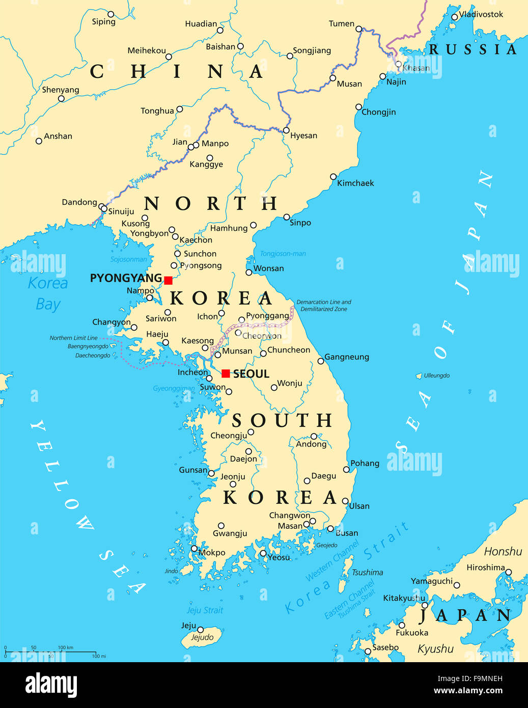 Penisola coreana mappa politica con la Corea del Nord e la Corea del Sud e i capitelli a Pyongyang e a Seul. Foto Stock