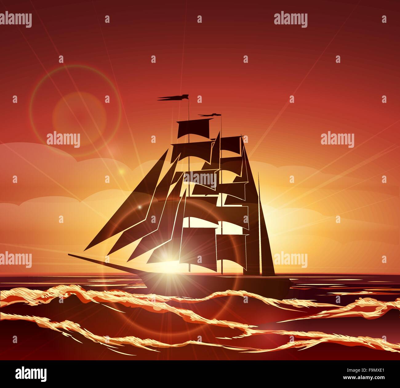 Barca a vela al tramonto. Illustrazione colorata. Illustrazione Vettoriale