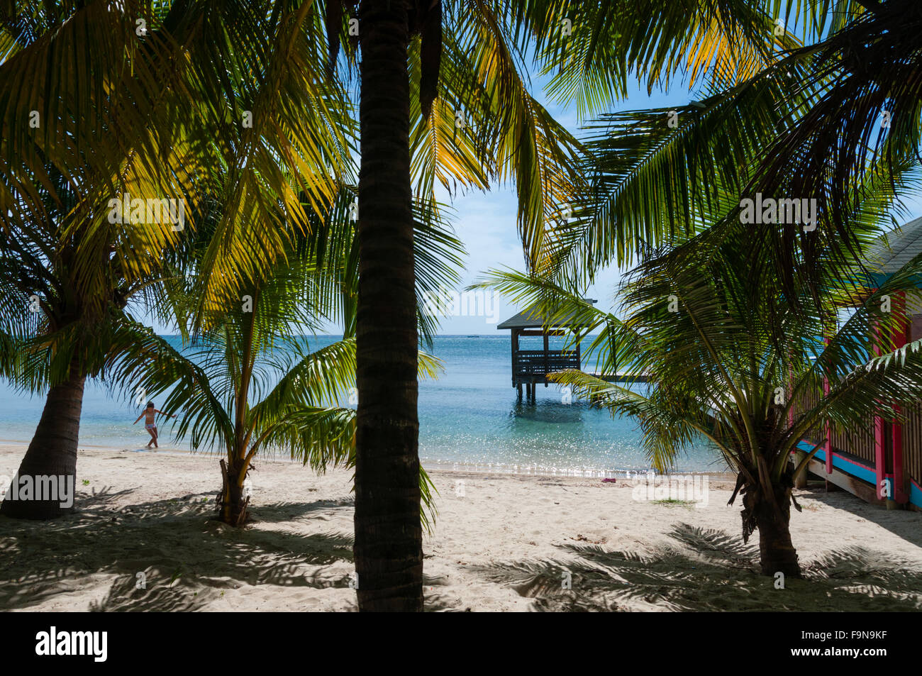 Piccola capanna in legno su palafitte nel mare di spiaggia di sabbia bianca di nascondersi dietro palme Foto Stock