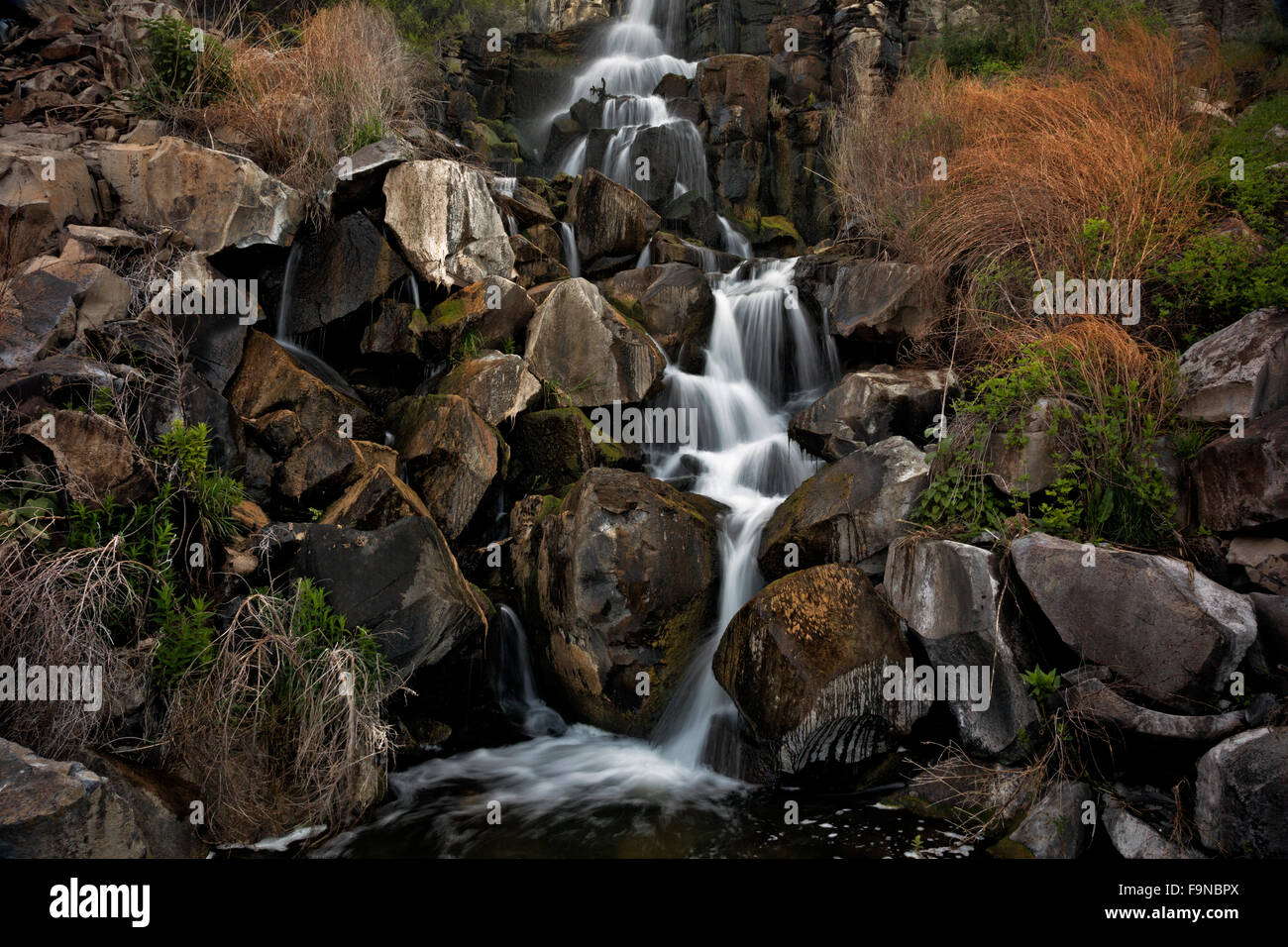 WASHINGTON - una cascata scendendo verso le scogliere di basalto colonnare di antichi laghi di Quincy Area faunistica. Foto Stock