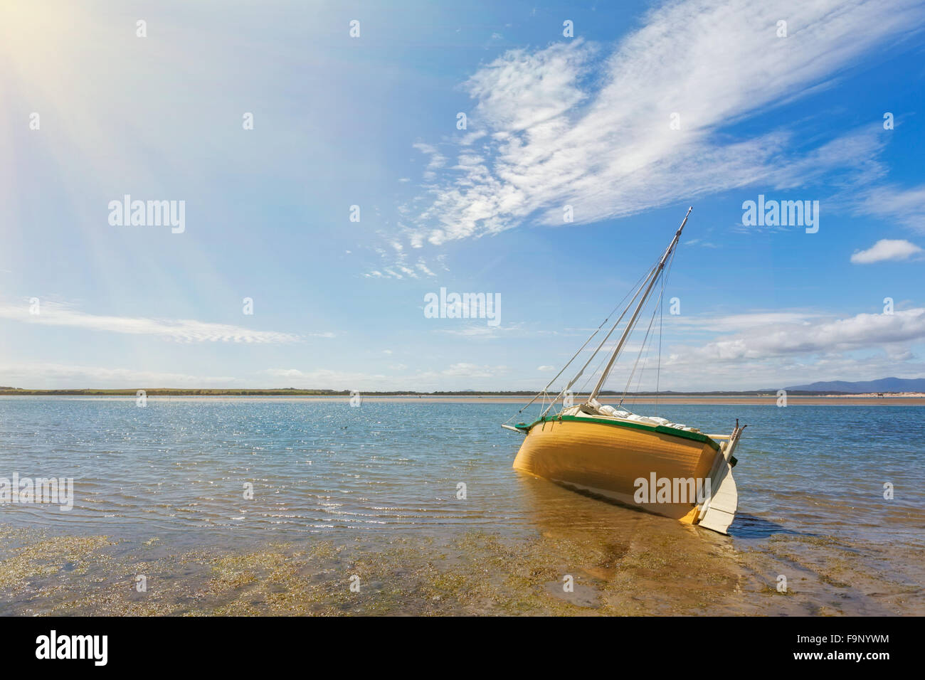 Barca ormeggiata in acque poco profonde di Sandy Point, Victoria, Australia Foto Stock